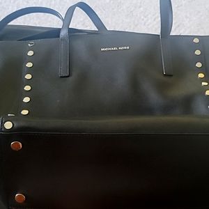 Michael Kors Black Leather Silver Studded Tote with Top Zipper